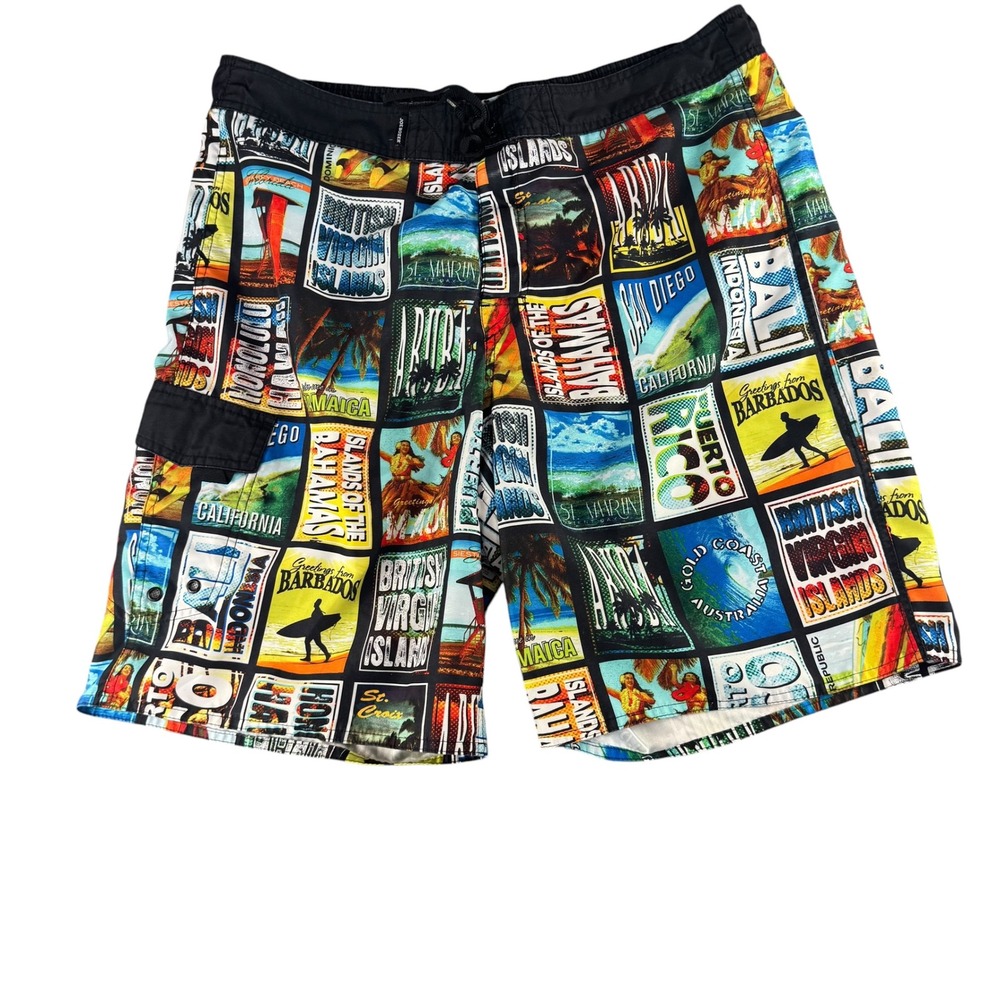 Joe Boxer Mens‎ Postcard Print Swim Trunks Multicolor Travel Board Shorts Large